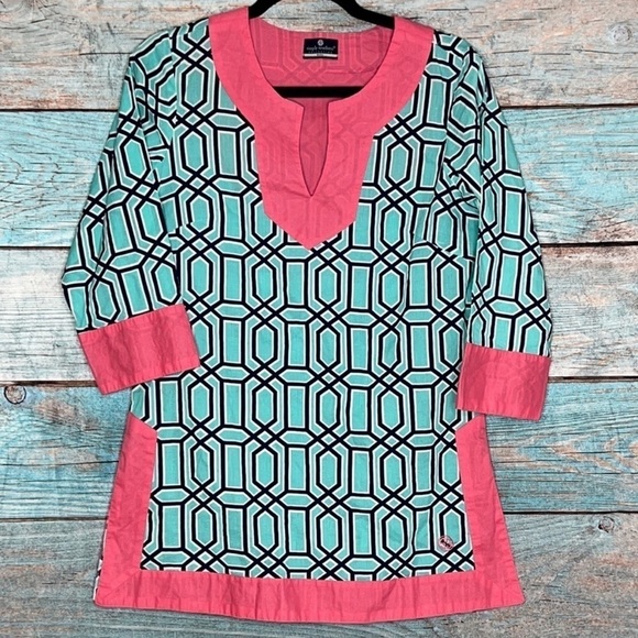 Simply Southern Tunic Top Small Geometric Print Blue Pink Split Sides Logo - Picture 2 of 9